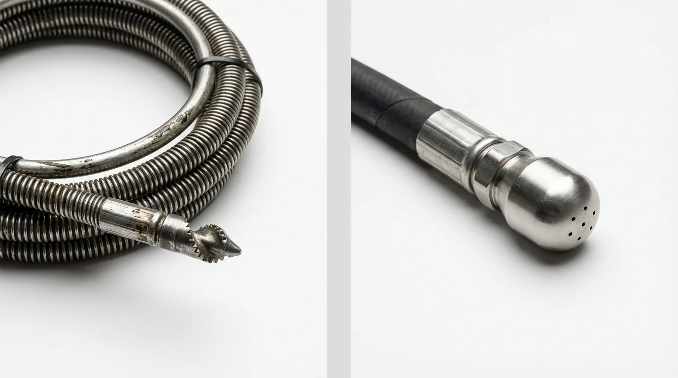 Drain snake cable and hydro jetting nozzle used for drain cleaning in Ontario, CA
